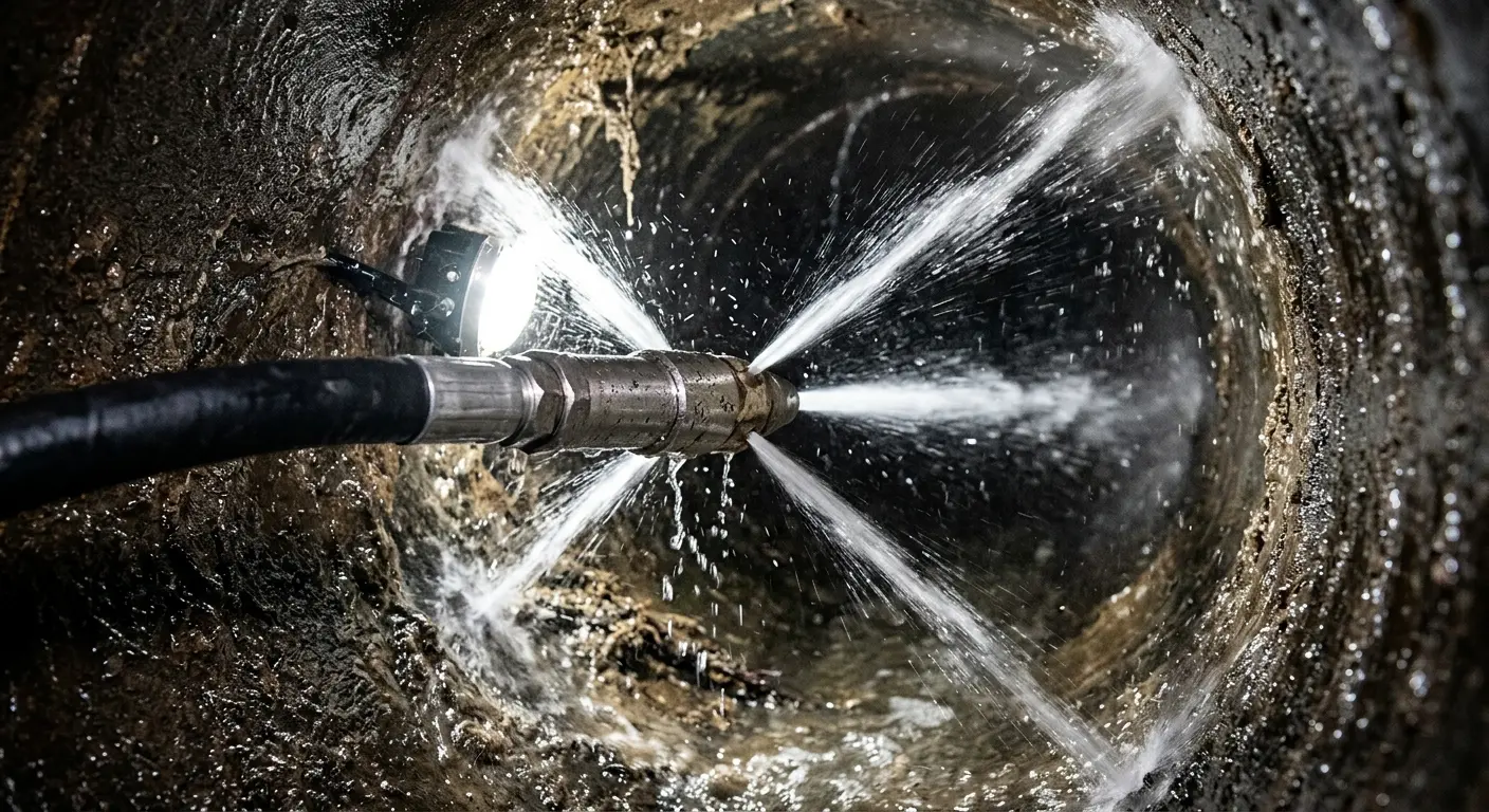 High-pressure hydro jetting nozzle cleaning sewer pipe for Trenchless Sewer Repair in South San Gabriel