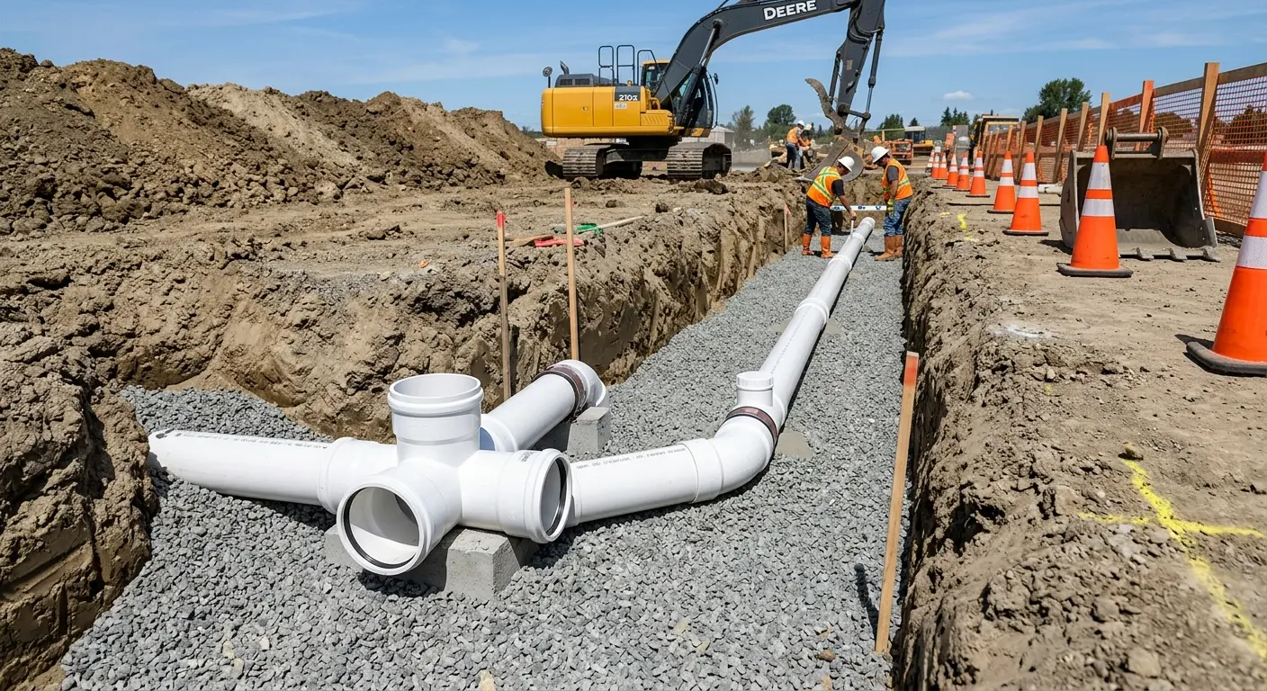 New PVC sewer pipe installation in open trench for Commercial Drain Cleaning in South San Gabriel