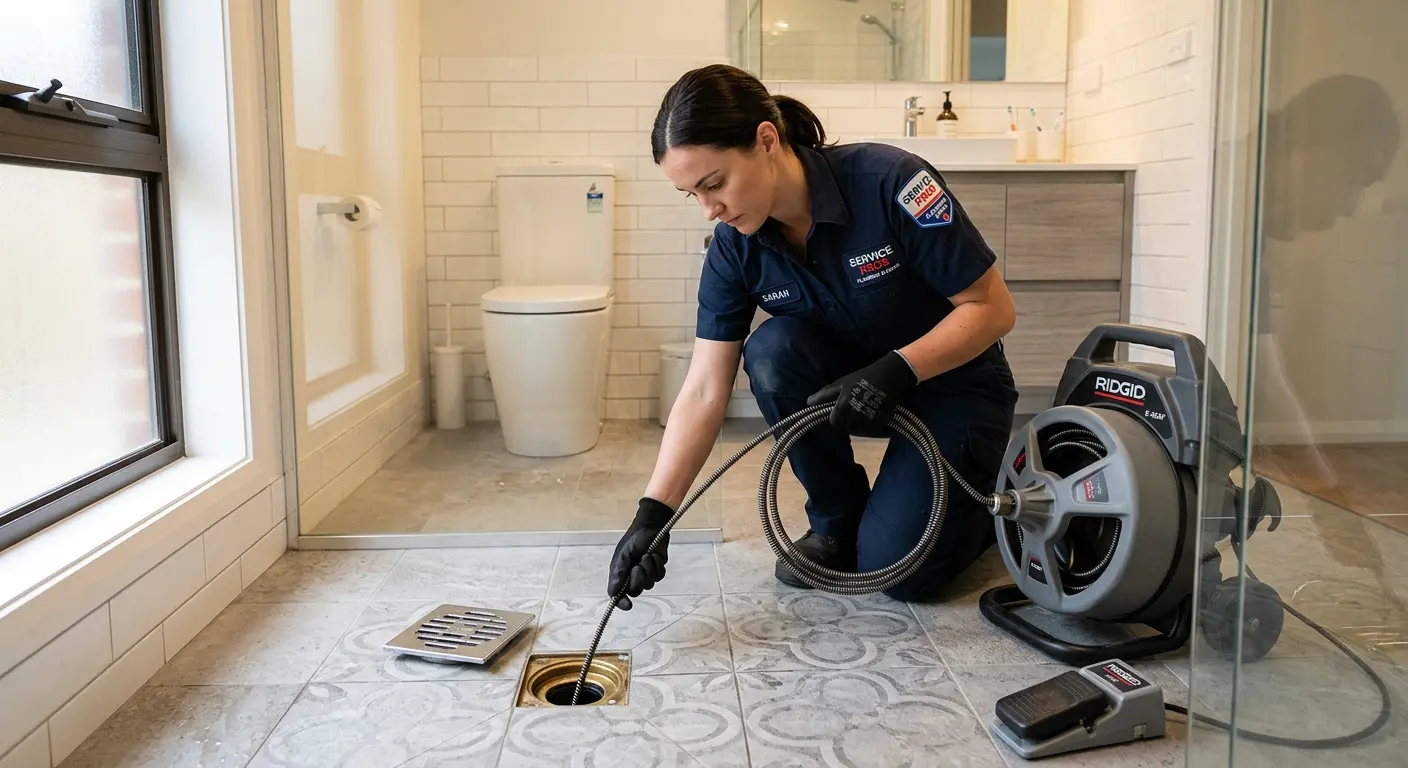 Technician clearing a bathroom floor drain for Sewer Line Replacement in South San Gabriel